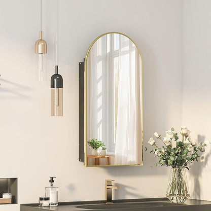 Recessed Medicine Cabinet Mirror,Brushed Gold Arched Bathroom Medicine Cabinet with Mirror,Metal Edge Mirrored Medicine Cabinets for Bathroom,in Wall Mirrored Cabinets with Storage 16x31