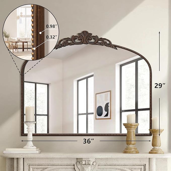 Micasso Vintage Bronze Arched Mirror: 36"x29" Baroque Antique Wall Mirror | Traditional Ornate French Decorative Wall Mirror for Bedroom/Bathroom/Entryway/Hallway/Dresser/Vanity/Mantel/Nightstand