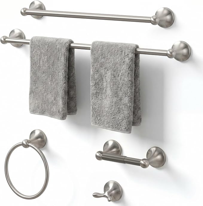 24-Inch Wall Mounted Towel Racks for Bathroom, 5-Piece Stainless Steel Bathroom Hardware Set with Towel Bar, Towel Ring, Toilet Paper Holder & Hook, Brushed Nickel
