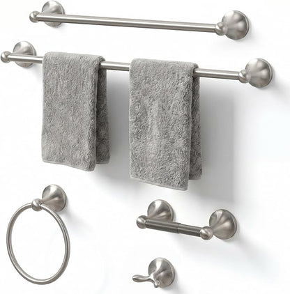 24-Inch Wall Mounted Towel Racks for Bathroom, 5-Piece Stainless Steel Bathroom Hardware Set with Towel Bar, Towel Ring, Toilet Paper Holder & Hook, Brushed Nickel