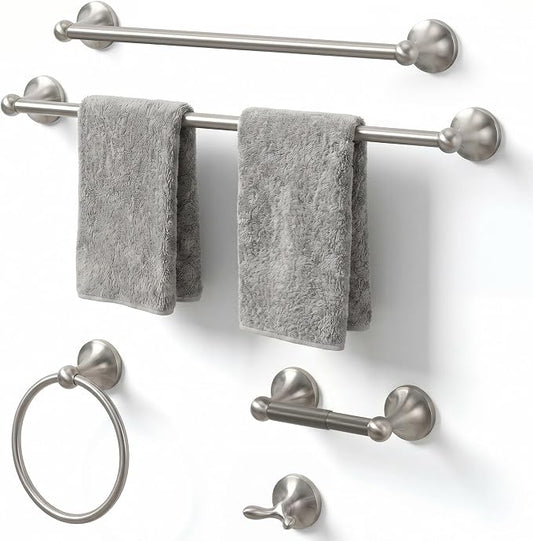 24-Inch Wall Mounted Towel Racks for Bathroom, 5-Piece Stainless Steel Bathroom Hardware Set with Towel Bar, Towel Ring, Toilet Paper Holder & Hook, Brushed Nickel