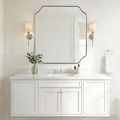 28x36 Inch Brushed Nickel Mirror, Silver Bathroom Mirror for Over Sink, Rounded Notched Corner Mirror in Anti-Rust Stainless Steel Thin Frame, Wall Mount Vertically or Horizontally
