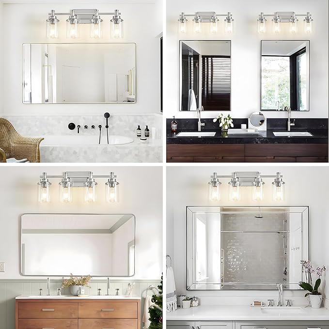 Brushed Nickel Bathroom Lighting Fixtures Over Mirror, 4-Light Bathroom Vanity Light Fixtures, Wall Sconce Lighting Modern Wall Light with Clear Glass Shade, Bathroom Wall Lamp for Hallway