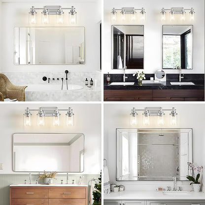 Brushed Nickel Bathroom Lighting Fixtures Over Mirror, 4-Light Bathroom Vanity Light Fixtures, Wall Sconce Lighting Modern Wall Light with Clear Glass Shade, Bathroom Wall Lamp for Hallway