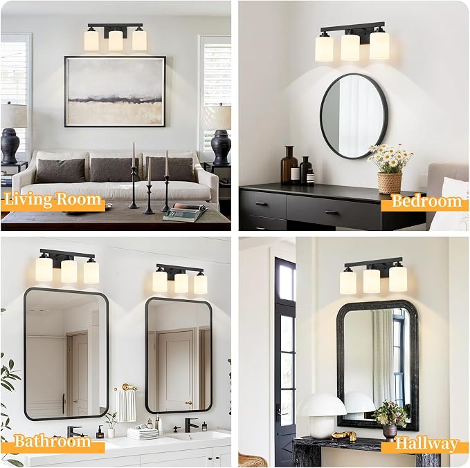 Bathroom Light Fixtures, Vanity Light Over Mirror Black 3-Light Fixture | Modern bathroom vanity light fixture with metal frame, ideal for mirrors, bedrooms and hallways. Fits E26 bulbs.