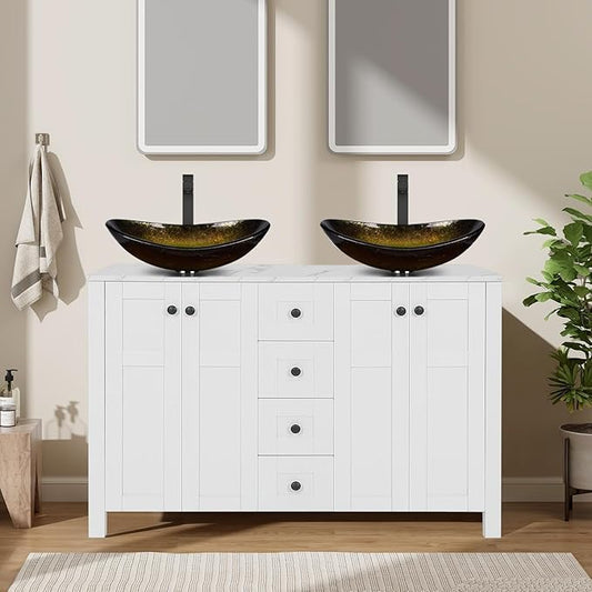 48 Inch White Bathroom Vanity with Marble Texture Top and 4 Drawers, Modern Standing Pedestal Cabinet with Two Boat Gold Glass Vessel Sinks
