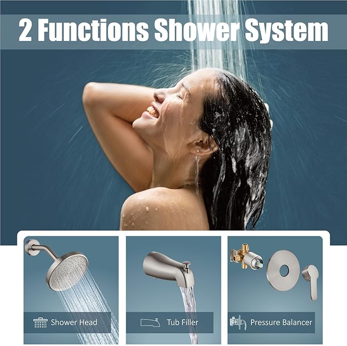 Aolemi Tub Shower Faucet Set With Valve Wall Mount Shower Trim Kit 6 Inch Bathtub Fixtures Rough-in Valve Single-Spray Shower Head System 5.3 Inch Tub Spout Brushed Nickel Modern