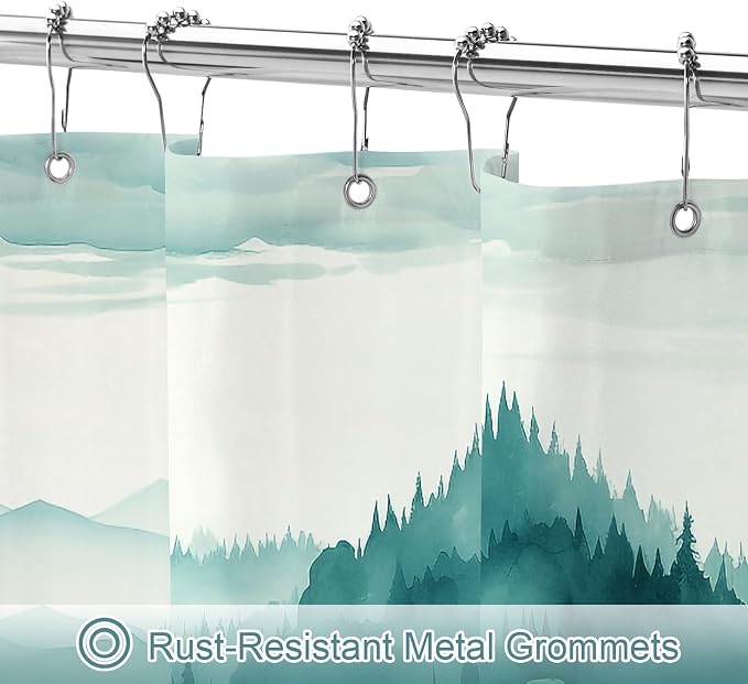 Litabel Teal Blue Misty Pine Forest Shower Curtain, Mountain Foggy Woodland Scenery Tree Shower Curtains for Chic Rustic Bathroom, Turquoise Abstract Waterproof Nature-Themed Decor, 72x72 Inches