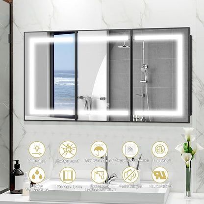ROOMTEC 60 x 32 Inch Medicine Cabinet Mirror with LED Lights, Black Bathroom Medicine Cabinet with Mirror and Storage, Recessed or Wall Mount, 3 Color Temperature, Dimmable Light