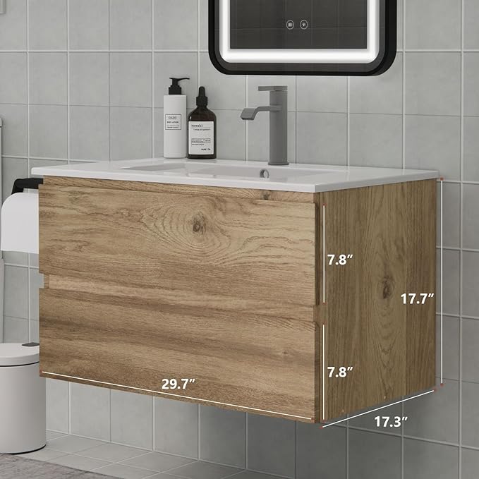 Floating Bathroom Vanity with Sink and 2 Soft-Close Drawers – Moisture-Resistant MDF, Space-Saving Design for Modern Bathrooms (Nature with Sink, 30)