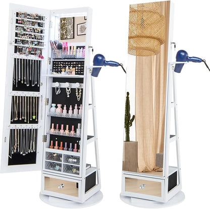 GOFLAME 360° Rotating Jewelry Cabinet with Full Length Mirror, Standing LED Mirror Jewelry Armoire, Lockable Jewelry Organizer with Hair Dryer Rack, Back Storage Shelves, Inner Makeup Mirror, White