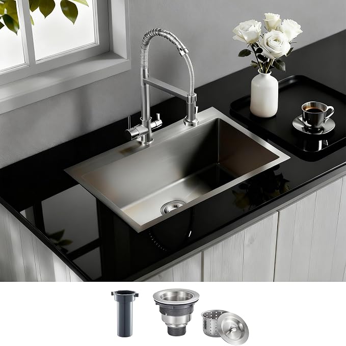 Brushed Topmount Kitchen Sink - 28”×18” Single Bowl Sink | 9 Inch Deep Handmade Bar Sink with Strainer, Stainless Steel 304, Center Drain, X-Groove Drainage, Sound-Dampening Pad