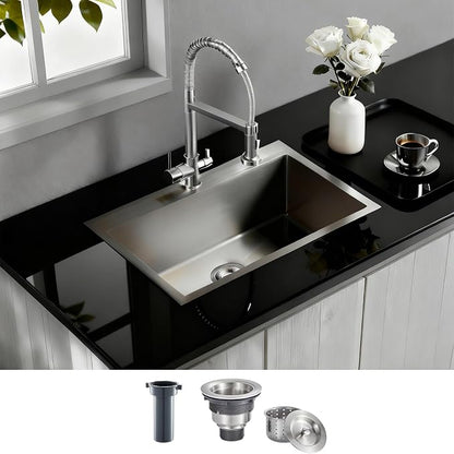 Brushed Topmount Kitchen Sink - 28”×18” Single Bowl Sink | 9 Inch Deep Handmade Bar Sink with Strainer, Stainless Steel 304, Center Drain, X-Groove Drainage, Sound-Dampening Pad
