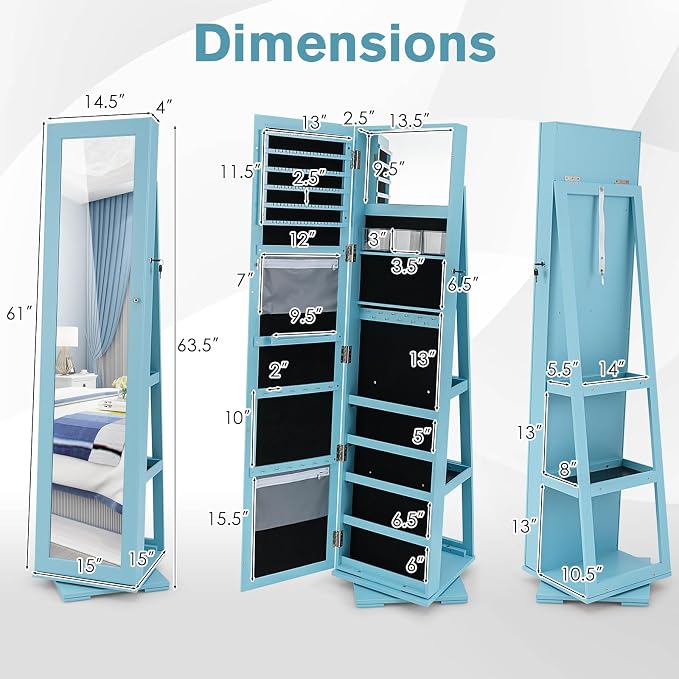 360° Rotating Jewelry Armoire, Freestanding Jewelry Cabinet with Inside Makeup Mirror, 2-in-1 Lockable Jewelry Organizer w/Full-Length Mirror for Women (Sky Blue)