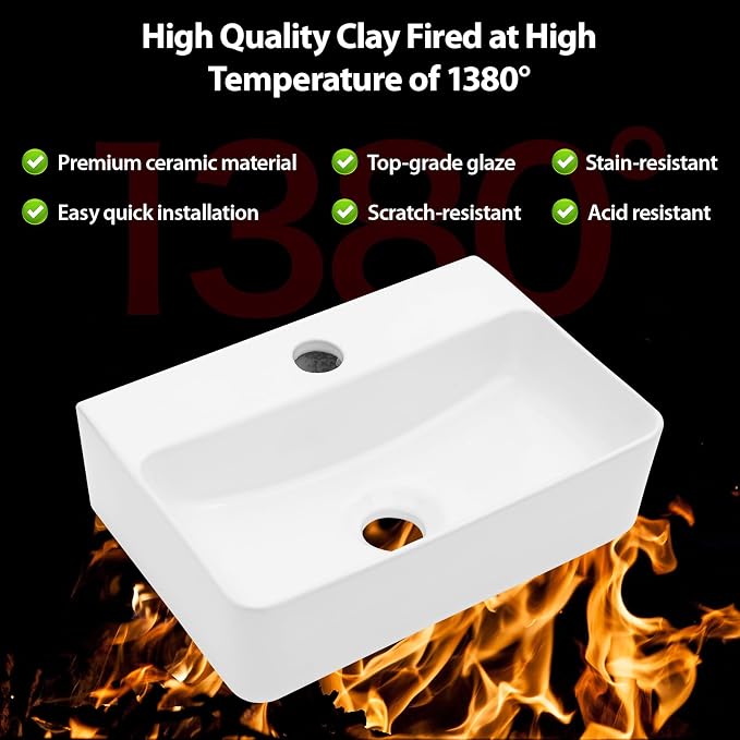 14 x 10 Inch Wall Mounted Bathroom Sink Rectangle Vessel Sink | White Ceramic Wall Mount Hang Small Vessel Sink Porcelain Mini Floating Bathroom Vanity Sink for Home,RV,Bathroom