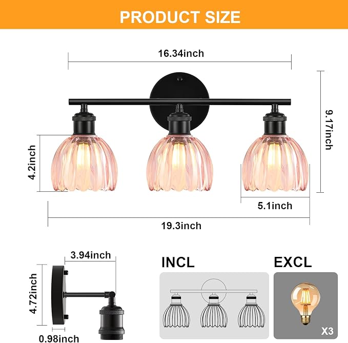 Bathroom Light Fixtures, 3-Light Brushed Black Vanity Lights for Bathroom with Pink Tulip Glass Shade, 20" Vintage Bathroom Vanity Lighting Fixtures Over Mirror for Bedroom Living Room Hallway