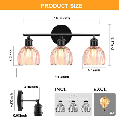 Bathroom Light Fixtures, 3-Light Brushed Black Vanity Lights for Bathroom with Pink Tulip Glass Shade, 20" Vintage Bathroom Vanity Lighting Fixtures Over Mirror for Bedroom Living Room Hallway
