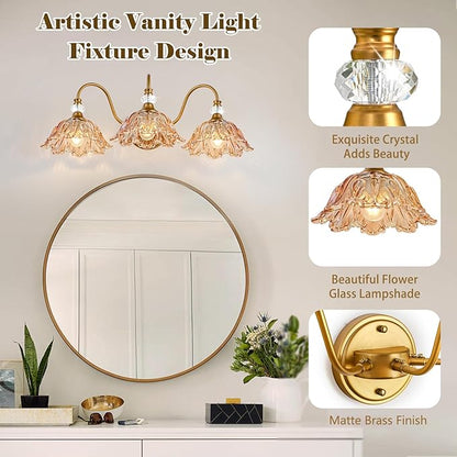 Vintage Bathroom Vanity Light, 3-Light Matte Brass Finish Vanity Light with Flower-Shaped Amber Glass Shades, Retro Wall Sconce for Bathroom, Dressing Table
