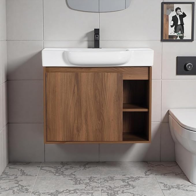 28" Bathroom Vanity with Ceramic Sink, Farmhouse Cabinet, Brown | Small Wall - Mounted Vanity, Soft Close Door, Bottom Storage Space, Two Open Storage Shelves, 45° Inclined Edge Handle