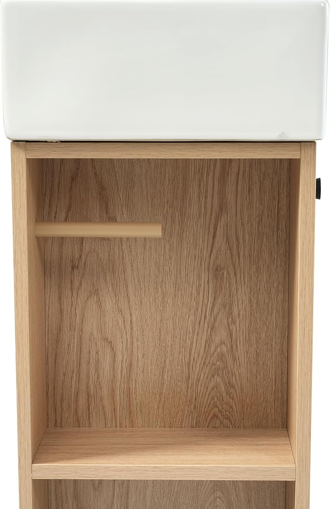 Merax Small Bathroom Vanity, Modern Floor Standing Bathroom Vanity with Sink, Ceramic Sink Vanity with Side Storage Shelves and Toilet Paper Holders, Oak