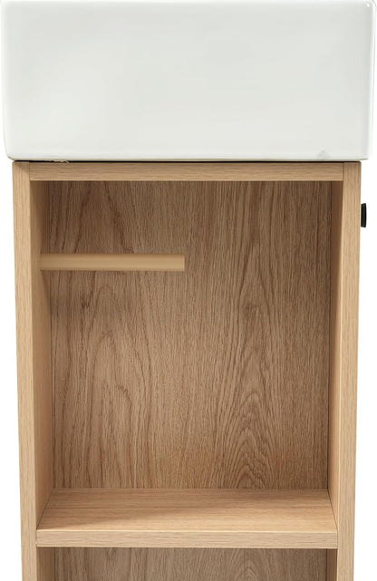 Merax Small Bathroom Vanity, Modern Floor Standing Bathroom Vanity with Sink, Ceramic Sink Vanity with Side Storage Shelves and Toilet Paper Holders, Oak