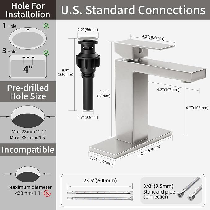 Bathroom Faucet, Brushed Nickel,SUS304 Stainless Steel Lead-Free | Vanity Faucet with Deck Plate & Pop-Up Drain, Single/3 Hole Installation, for Farmhouse, Bathroom Sink, Vanity, Washbasin, RV