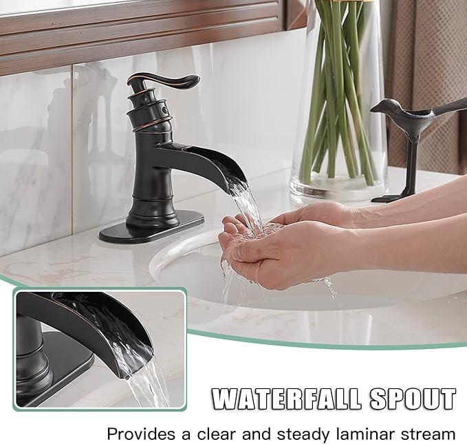 BWE Waterfall Bathroom Faucet Oil Rubbed Bronze Single-Handle One Hole Sink Faucet Farmhouse Bath Vanity Lavatory Restroom Faucets Antique
