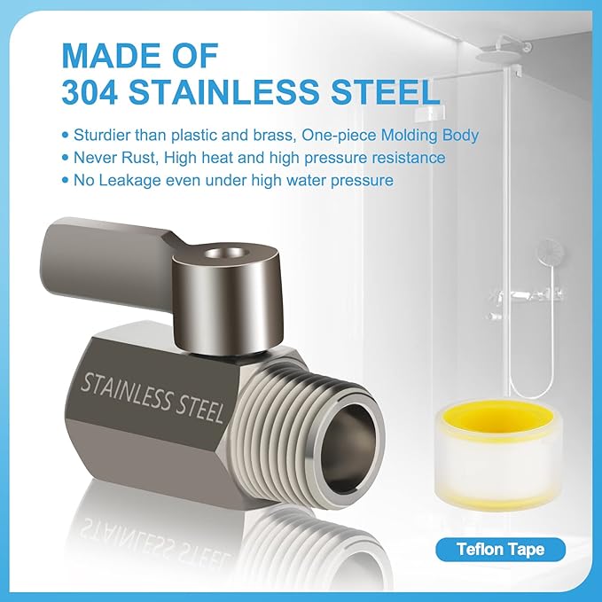 Shower Head Shut Off Valve with Long Handle Lever, 1/2" NPT Stainless Steel | 1/4-Turn Mini Ball Valve, 304 Stainless Steel, Leak-Free, Showerhead Flow Control Water Saver Regulator, Teflon Tape Included