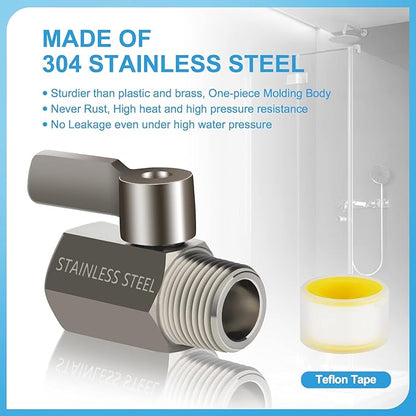 Shower Head Shut Off Valve with Long Handle Lever, 1/2" NPT Stainless Steel | 1/4-Turn Mini Ball Valve, 304 Stainless Steel, Leak-Free, Showerhead Flow Control Water Saver Regulator, Teflon Tape Included