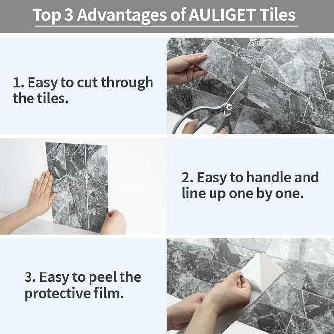 AULIGET 4-Piece Polished Grey Marble with Silver Peel and Stick Backsplash Wall Tiles, 3" x 12" PVC Faux Stone Stick on Tiles for Backsplash Kitchen, Bathroom, Laundry Room, Camper, Fireplace