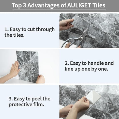 AULIGET 4-Piece Polished Grey Marble with Silver Peel and Stick Backsplash Wall Tiles, 3" x 12" PVC Faux Stone Stick on Tiles for Backsplash Kitchen, Bathroom, Laundry Room, Camper, Fireplace