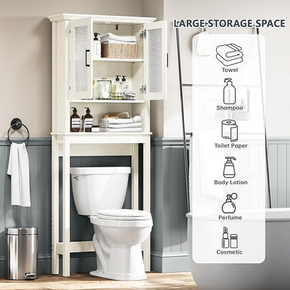 Over The Toilet Storage Cabinet, Over Toilet Bathroom Organizer with Doors and Adjustable Shelf, Thicken Frame Above Toilet Storage Cabinet Behind Toilet Bathroom Organizer, Cream White