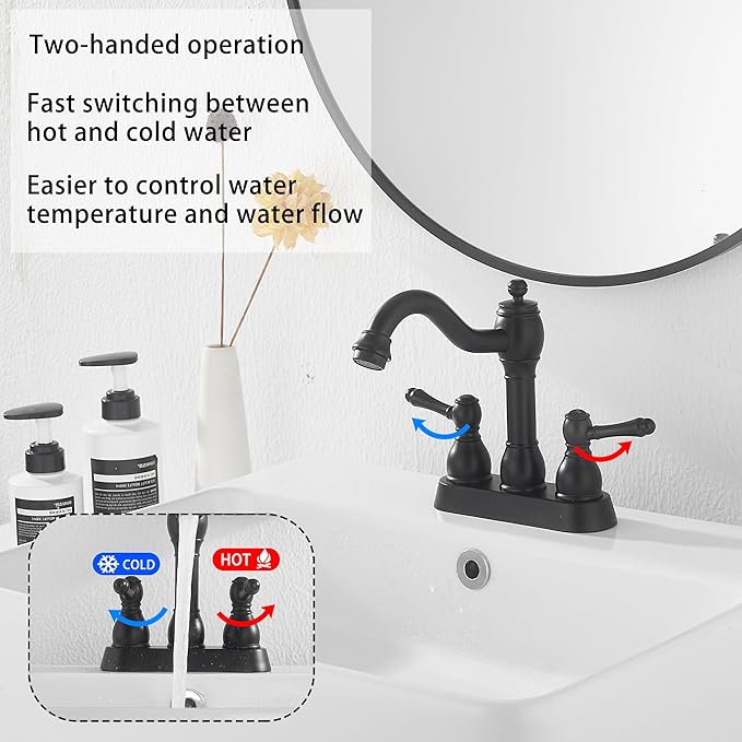 GGStudy Matte Black Bathroom Faucet 2 Handles 4 Inches Centerset RV Black Bathroom Vanity Faucet with Drain Assembly and Supply Hose Lavatory Faucet
