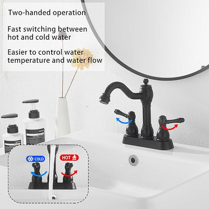 GGStudy Matte Black Bathroom Faucet 2 Handles 4 Inches Centerset RV Black Bathroom Vanity Faucet with Drain Assembly and Supply Hose Lavatory Faucet