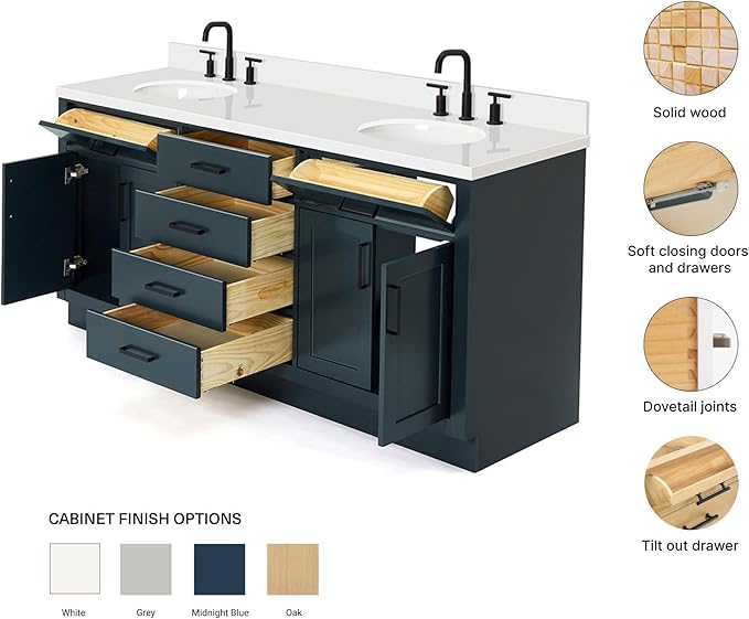 ARIEL Hepburn 72-inch Bathroom Vanity with Sink,Solid Wood, 1.5-inch Pure White Quartz Countertop & Backsplash, Double Oval Porcelain Sink, 4 Soft Closing Doors, 6 Dovetail Drawers, Midnight Blue