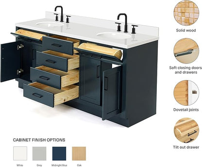 ARIEL Hepburn 72-inch Bathroom Vanity with Sink,Solid Wood, 1.5-inch Pure White Quartz Countertop & Backsplash, Double Oval Porcelain Sink, 4 Soft Closing Doors, 6 Dovetail Drawers, Midnight Blue