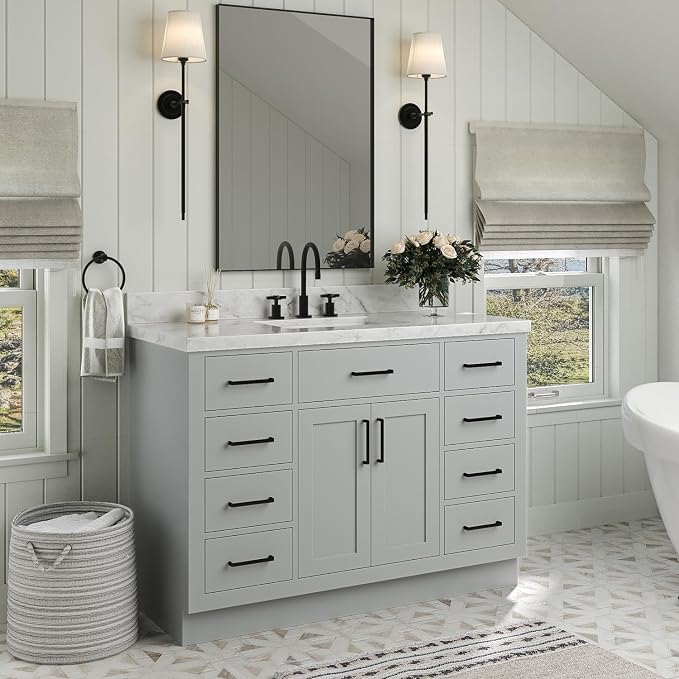 Isabella 48-Inch Bathroom Vanity with Sink — Grey Single Sink Bathroom Vanity, 1.5" Edge Italian Carrara Marble Top, Solid Wood, 2 Soft-Close Doors, 8 Dovetail Drawers + Tilt Drawer