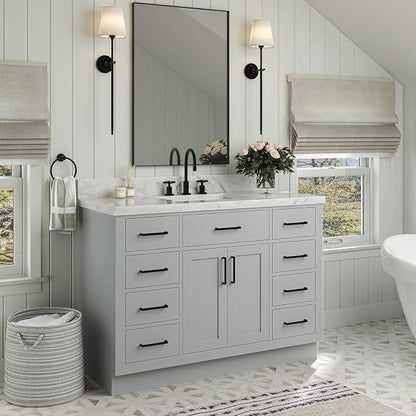 Isabella 48-Inch Bathroom Vanity with Sink — Grey Single Sink Bathroom Vanity, 1.5" Edge Italian Carrara Marble Top, Solid Wood, 2 Soft-Close Doors, 8 Dovetail Drawers + Tilt Drawer