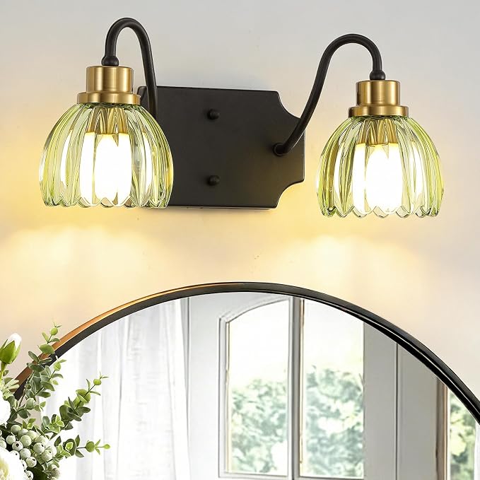 2-Light Bathroom Vanity Light, Black Vanity Light, Vintage Black Finish Wall Mount Sconces with Tulip Glass Shade, Mid Century Hardwired Wall Sconces for Bedroom, Living Room, Hallway
