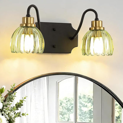 2-Light Bathroom Vanity Light, Black Vanity Light, Vintage Black Finish Wall Mount Sconces with Tulip Glass Shade, Mid Century Hardwired Wall Sconces for Bedroom, Living Room, Hallway