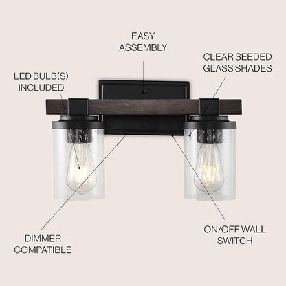 JONATHAN Y 15" Oil Rubbed Bronze LED Vanity Light, Rustic Farmhouse Sconce, Clear Seeded Glass Shade, Industrial Wall Lamp for Bathroom Mirror, Kitchen Sink, LED Bulb (JYL7508A)