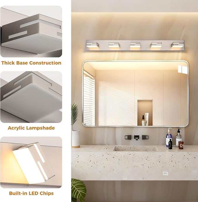5-Light 5CCT Modern Bathroom Vanity Light Fixtures, 40-Inch 350° Rotatable LED Vanity Lights Over Mirror, Dimmable Brushed Nickel Wall Sconce with Frosted Acrylic Shade