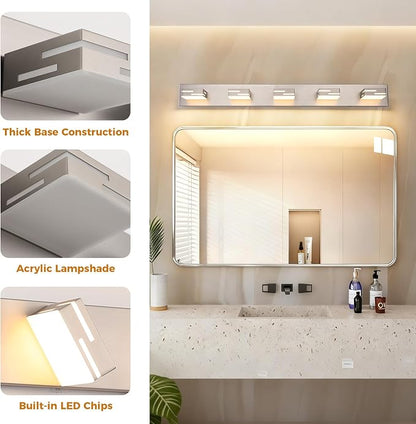 5-Light 5CCT Modern Bathroom Vanity Light Fixtures, 40-Inch 350° Rotatable LED Vanity Lights Over Mirror, Dimmable Brushed Nickel Wall Sconce with Frosted Acrylic Shade