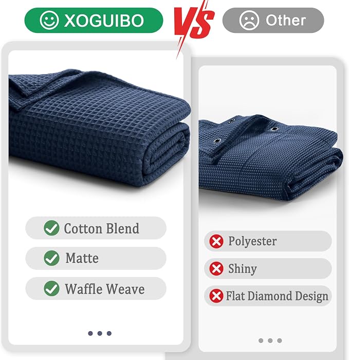 Waffle Weave Shower Curtain Heavyweight Cotton Fabric Navy Blue 72Wx72L | Soft Cotton Cloth,3D Square Truely Waffle Washable, Hotel Luxury Spa, Shower Curtain Set for Bathroom 12 Plastic Hooks