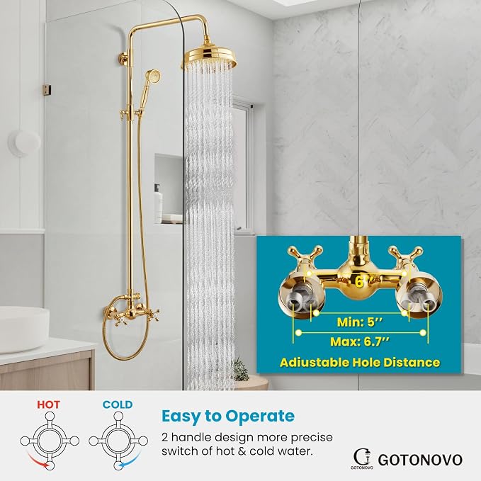 gotonovo Exposed Shower System Wall Mount,Polish Gold,Metal Handheld | 8” Rain Shower Head Faucet Set Fixtures,2 Function,Two Cross Handle,Height Adjustable,for 5-6.7" Hole,Indoor Victorian Retro