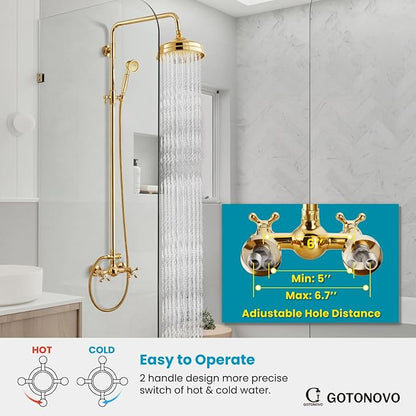 gotonovo Exposed Shower System Wall Mount,Polish Gold,Metal Handheld | 8” Rain Shower Head Faucet Set Fixtures,2 Function,Two Cross Handle,Height Adjustable,for 5-6.7" Hole,Indoor Victorian Retro