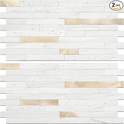 STICKGOO 2 Sheets Peel and Stick Backsplash Tile, Stick on Backsplash for Kitchen and Bathroom, White Sandstone Look PVC Mixed Metal Gold Self Adhesive Wall Tiles