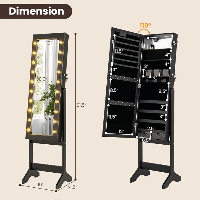 GOFLAME Jewelry Armoire Cabinet Standing, Lockable Full Length Mirror with Storage Shelves and 2 Drawers, Adjustable Tilt Angles, Stand Up Jewelry Box with Lighted Mirror (Black)
