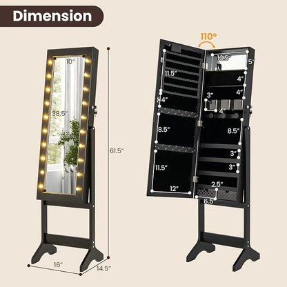 GOFLAME Jewelry Armoire Cabinet Standing, Lockable Full Length Mirror with Storage Shelves and 2 Drawers, Adjustable Tilt Angles, Stand Up Jewelry Box with Lighted Mirror (Black)