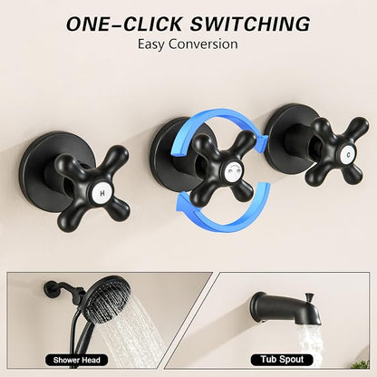 3 Handles Tub and Shower Faucet Set Matte Black 2-in-1 Dual Shower Bathtub Shower Faucets Combo Three Knod Tub and Shower Trim Kit Shower System Complete